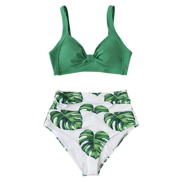 Pink And Green Floral High-waisted Bikini Set