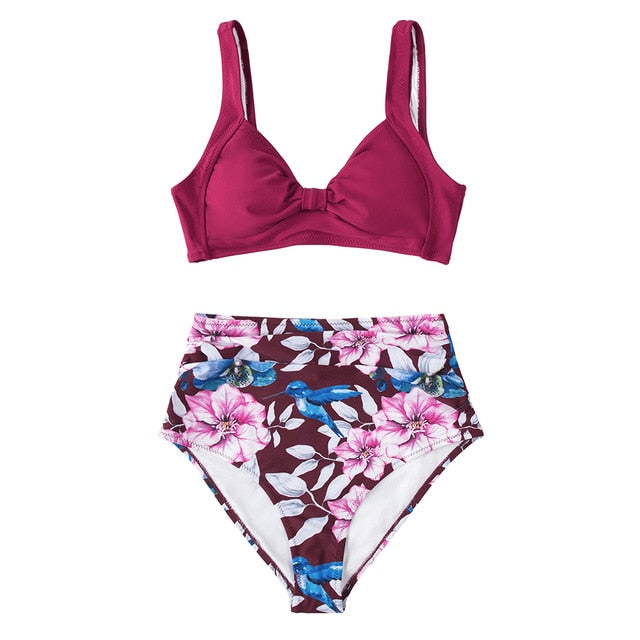 Pink And Green Floral High-waisted Bikini Set