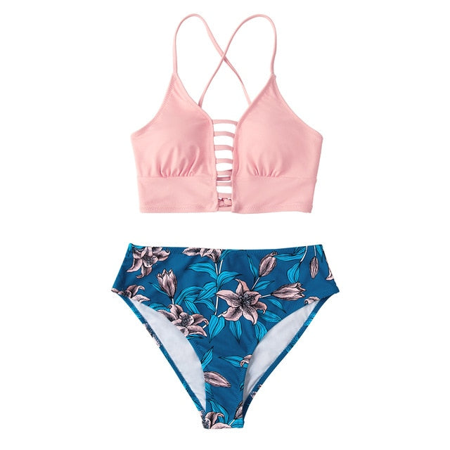 Red And Blue Floral Mid-waist Bikini Set