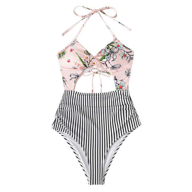 Pink Floral And Stripe Halter One-Piece