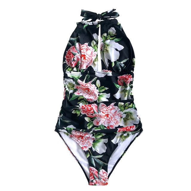 Black Floral Halter One-Piece