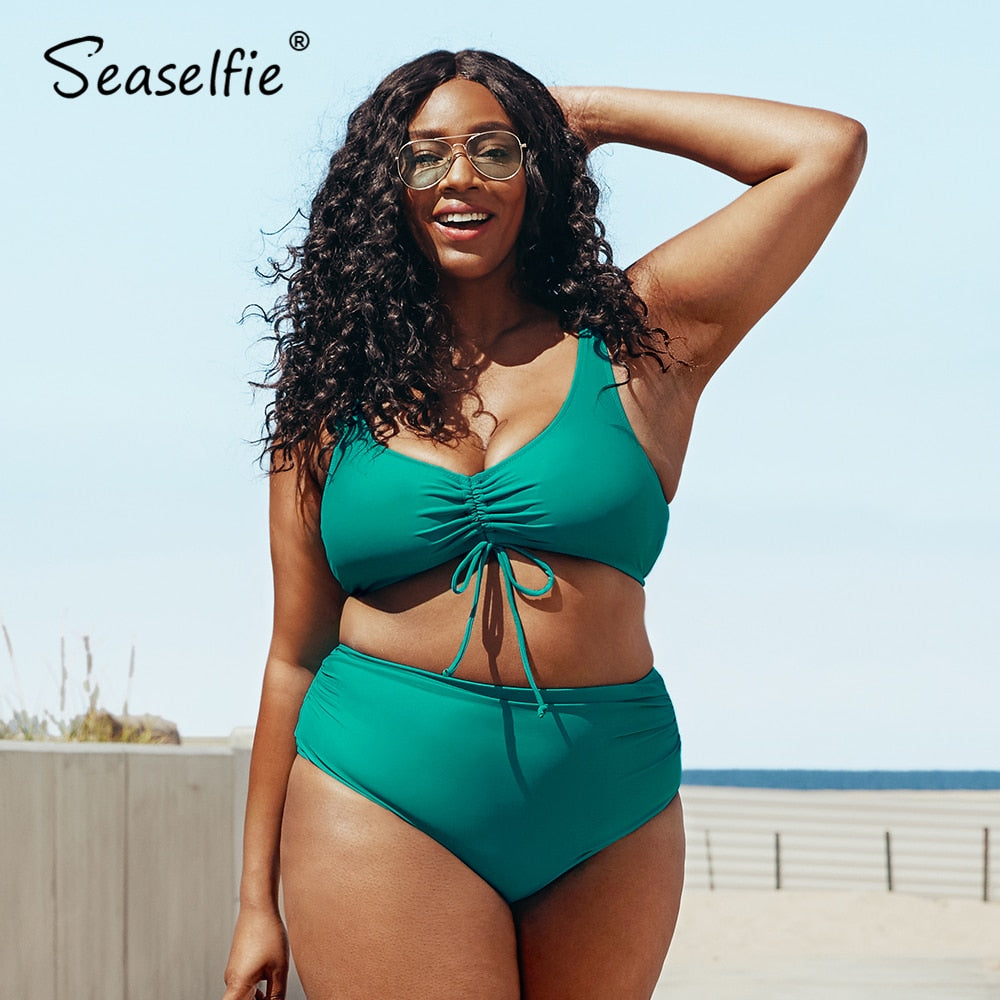 Solid Teal Drawstring Bikini Set