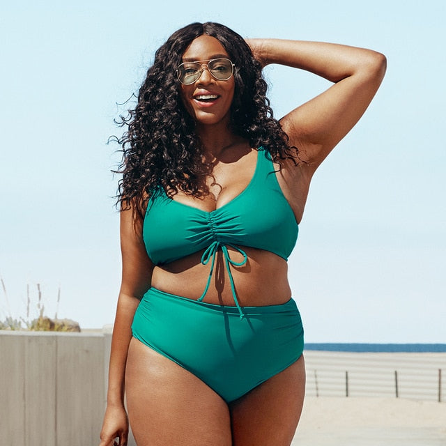 Solid Teal Drawstring Bikini Set
