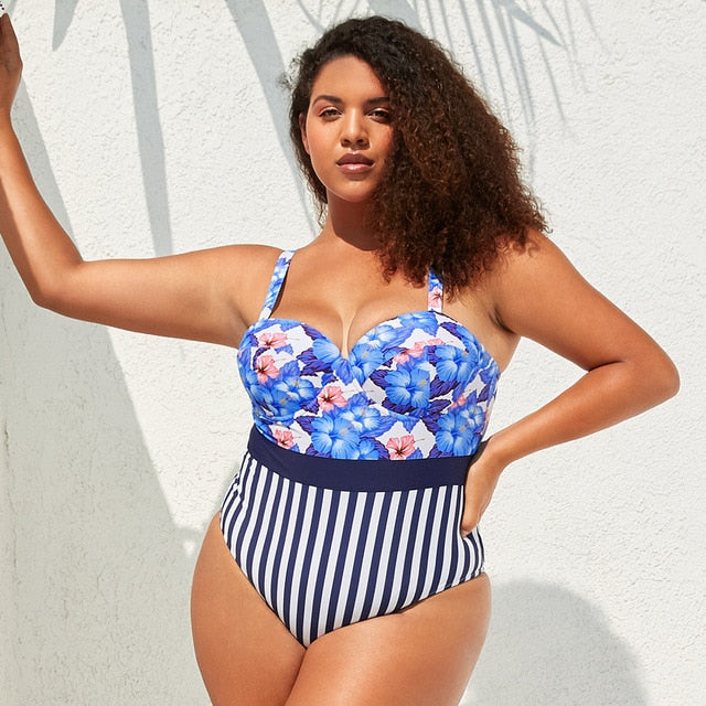 Moulded Cups Blue Floral Stripe One Piece