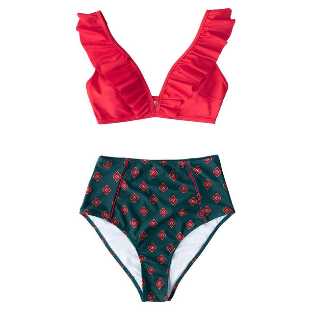 Floral Red High-waisted Bikini Set