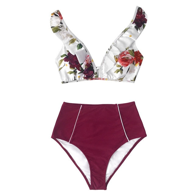 Floral Red High-waisted Bikini Set