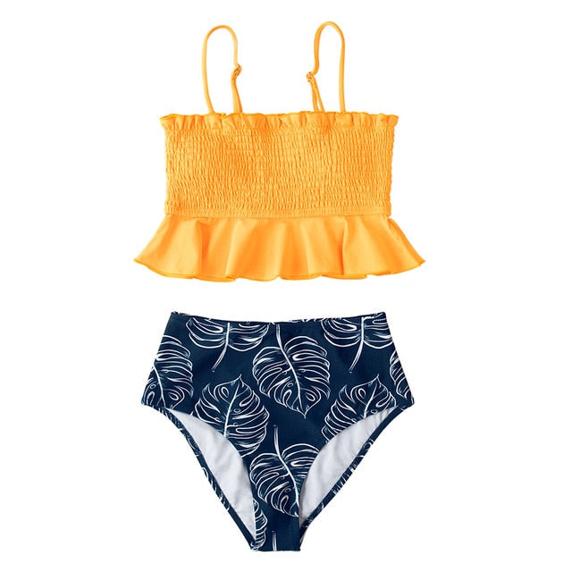 Smocked Orange Monstera High-Waist Bikini Set
