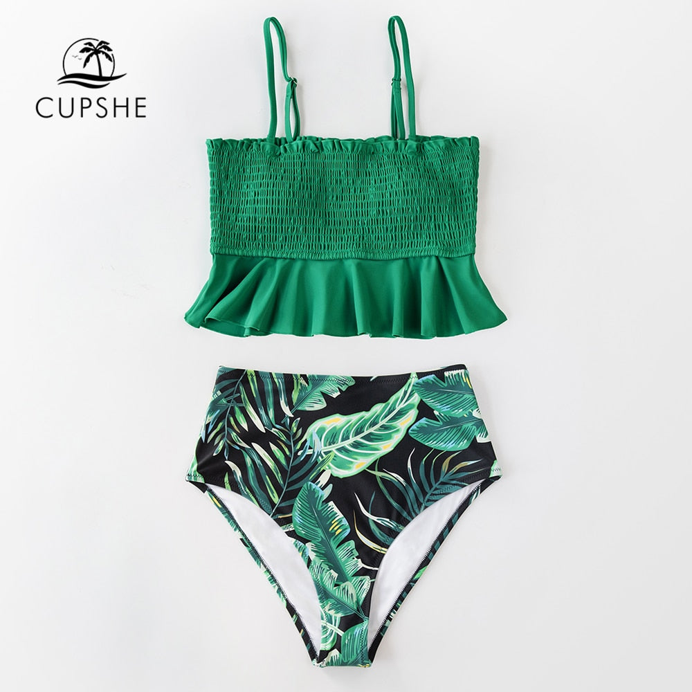 Smocked Tank High-Waisted Bikini Set