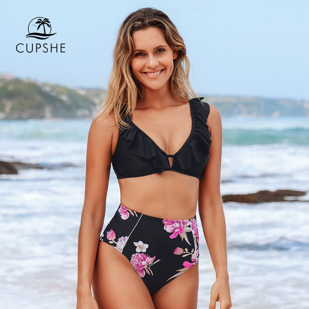 Black Floral Ruffled High-Waist Bikini Set