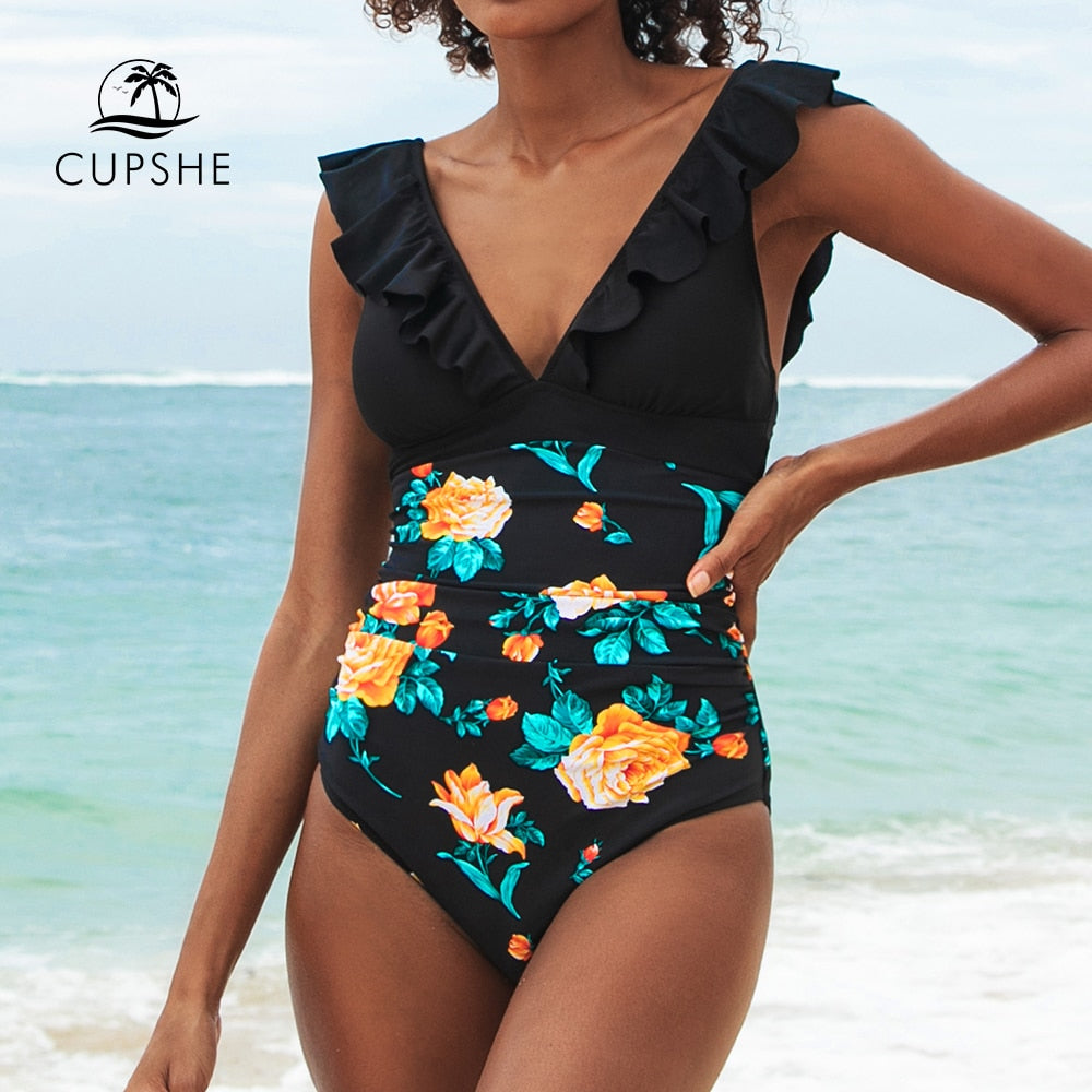 Black Floral V-neck Ruffled One-Piece