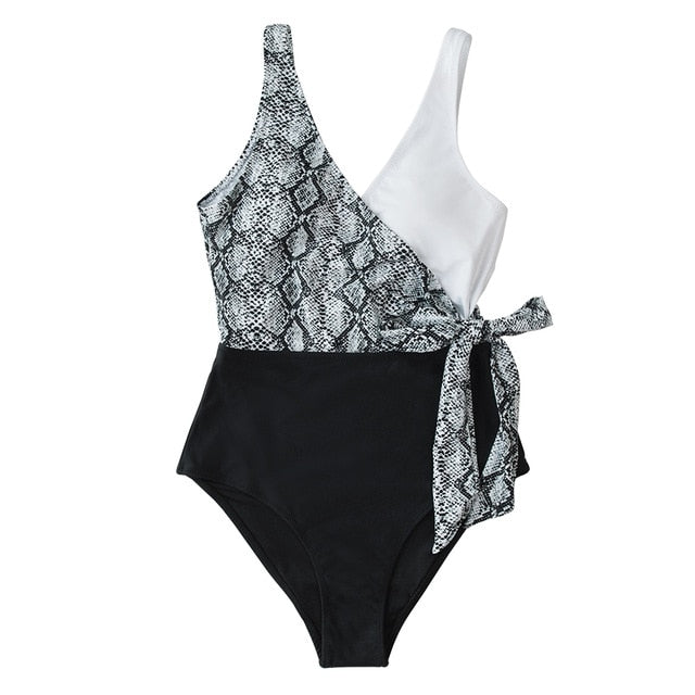 Black White Snake Print Patchwork One-Piece