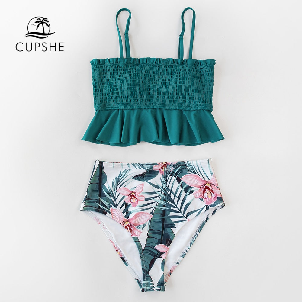 Green Floral High-Waist Bikini Set