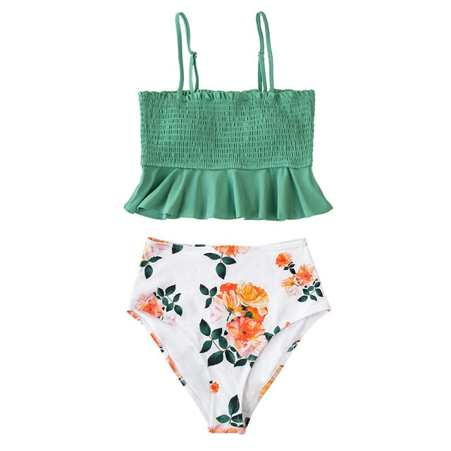 Green Floral High-Waist Bikini Set