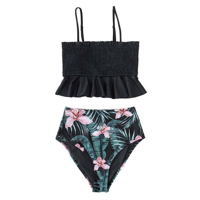 Green Floral High-Waist Bikini Set