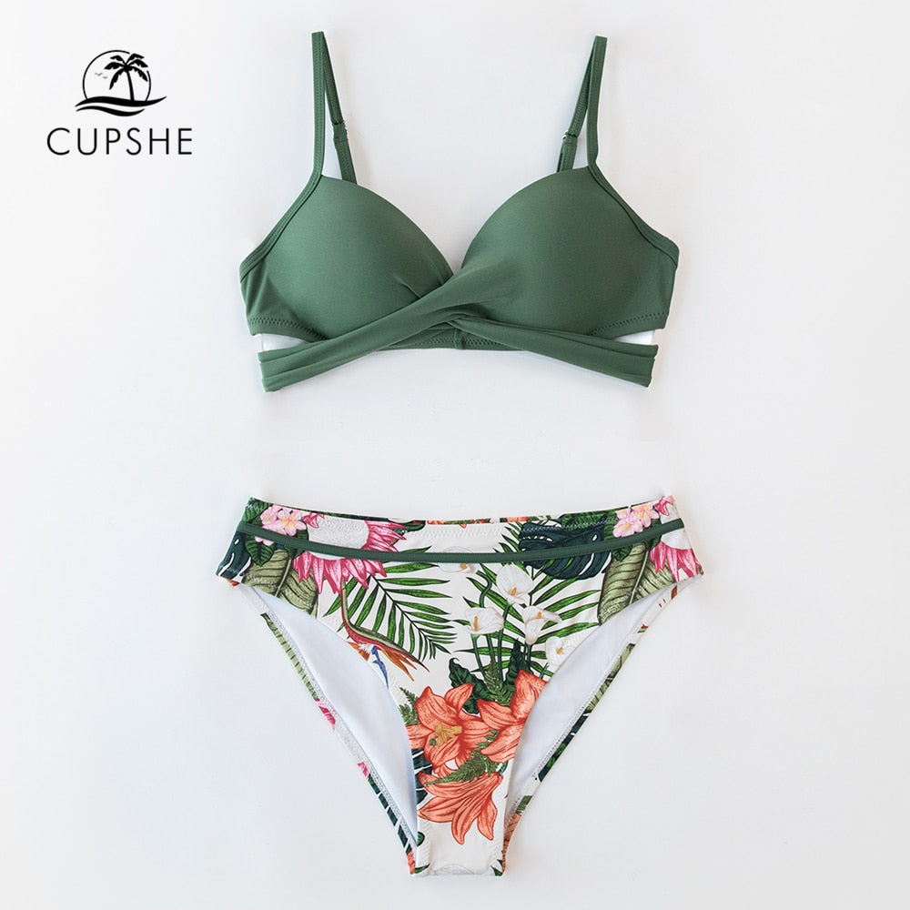 Green Floral Push Up Bikini Set