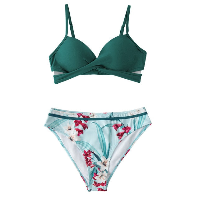 Green Floral Push Up Bikini Set