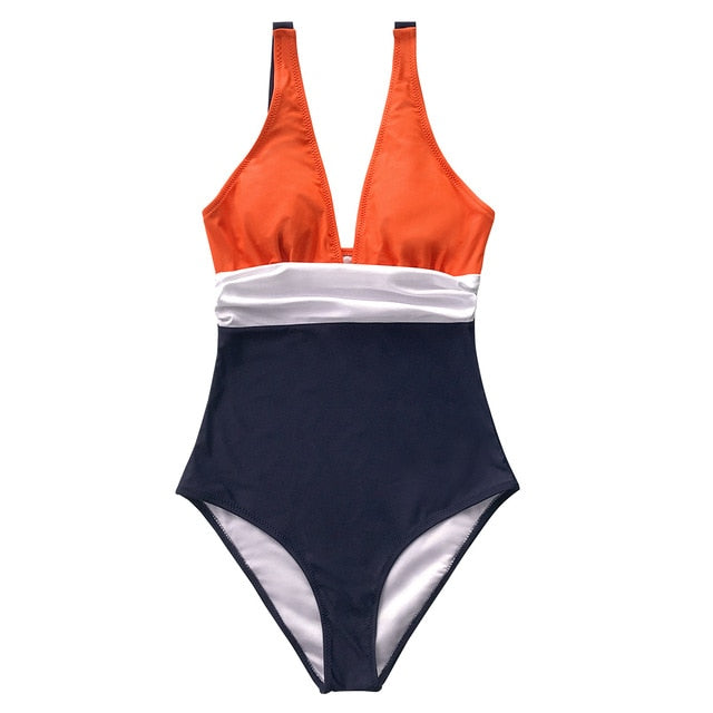 Orange White and Navy Ruching One-Piece