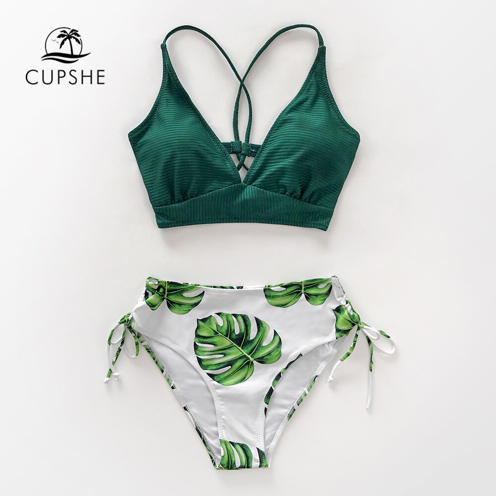 Green and Leaf Print Lace Up Bikini Set