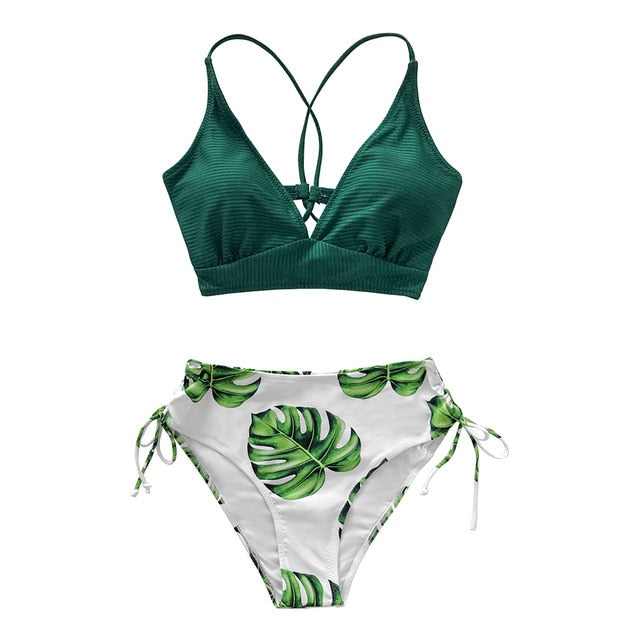 Green and Leaf Print Lace Up Bikini Set