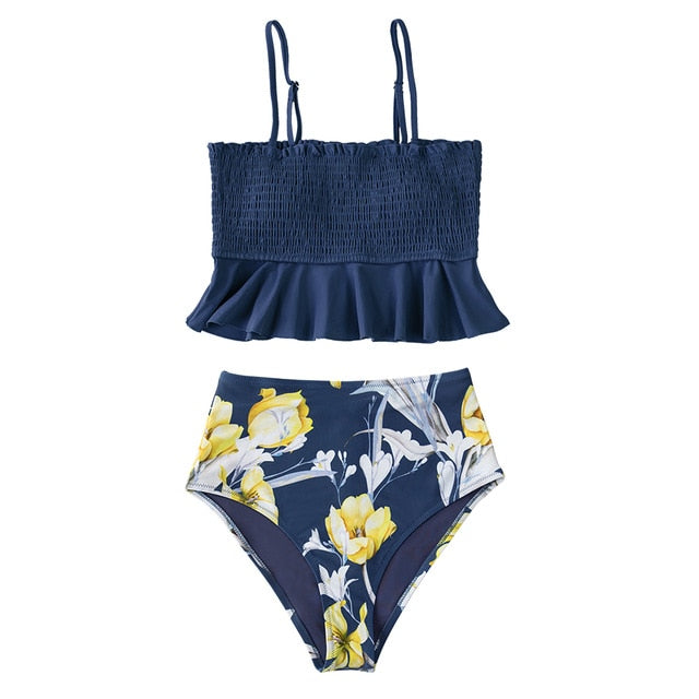 Smocked Blue Leaves Print Bikini Set