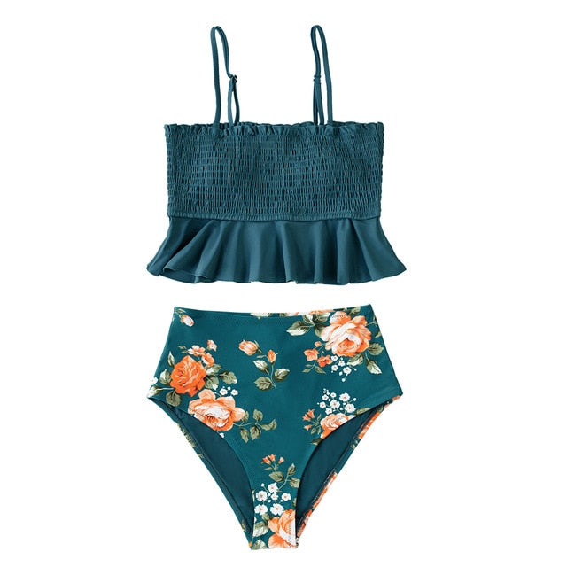 Smocked Blue Leaves Print Bikini Set