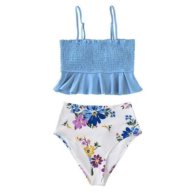 Smocked Blue Leaves Print Bikini Set