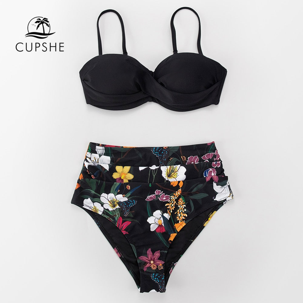 Black And Floral Push Up High Waist Bikini Set