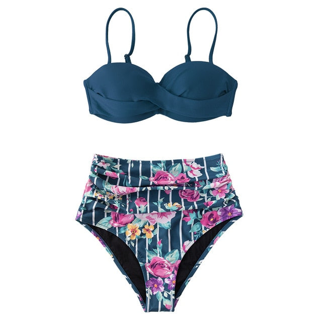 Black And Floral Push Up High Waist Bikini Set