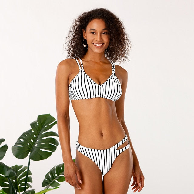 Black White Striped Strappy Cutout Bikini Set