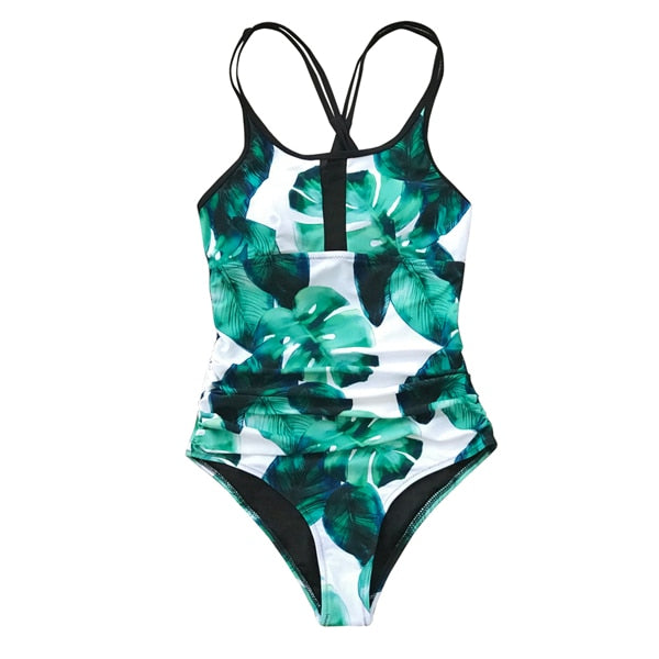 Green Leaf Print Cross One-piece