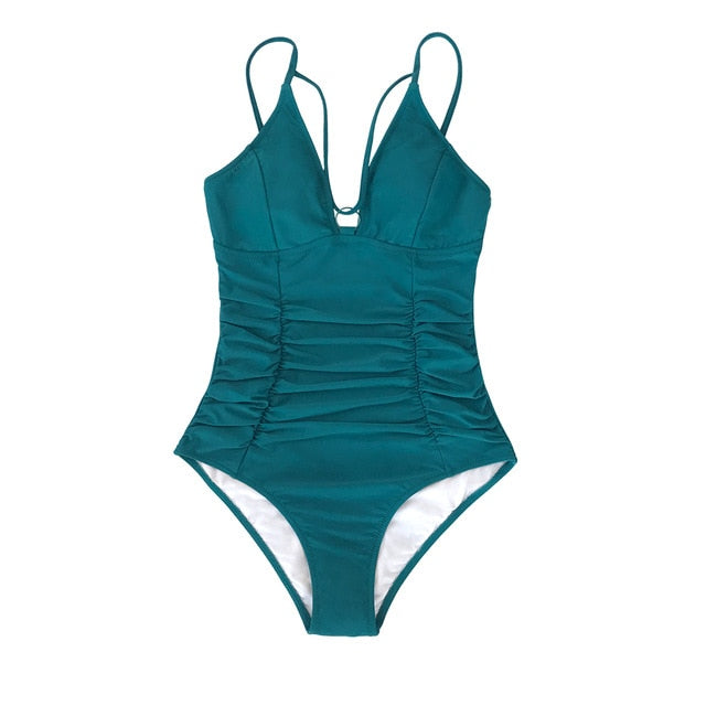 Solid Teal Shirring Strappy One-Piece