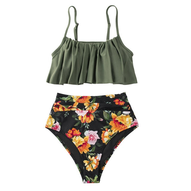 Black Floral Falbala Tank High-waist Bikini Set