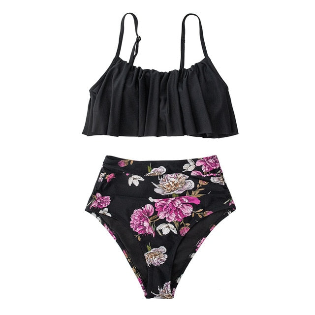 Black Floral Falbala Tank High-waist Bikini Set