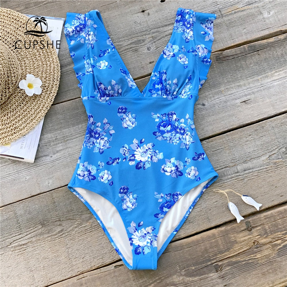 Elegant Blue Floral Print One-Piece